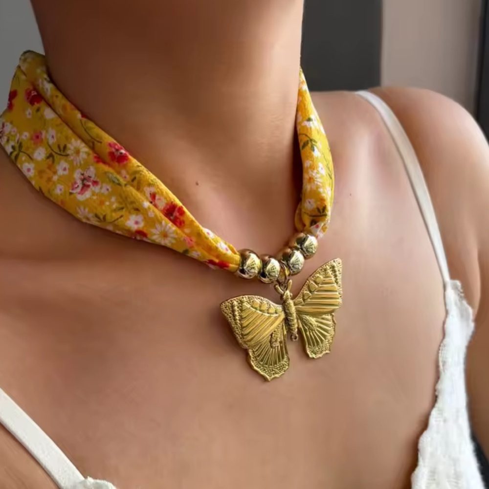 Golden Butterfly 18K Gold Stainless Steel Floral Scarf Choker Necklace - Picture 6 of 11